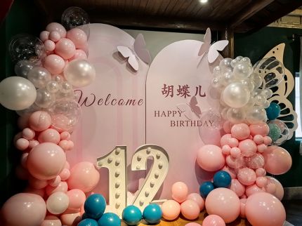 粉色蝴蝶浪漫生日派对背景舞台布置粉白色背景生日布置